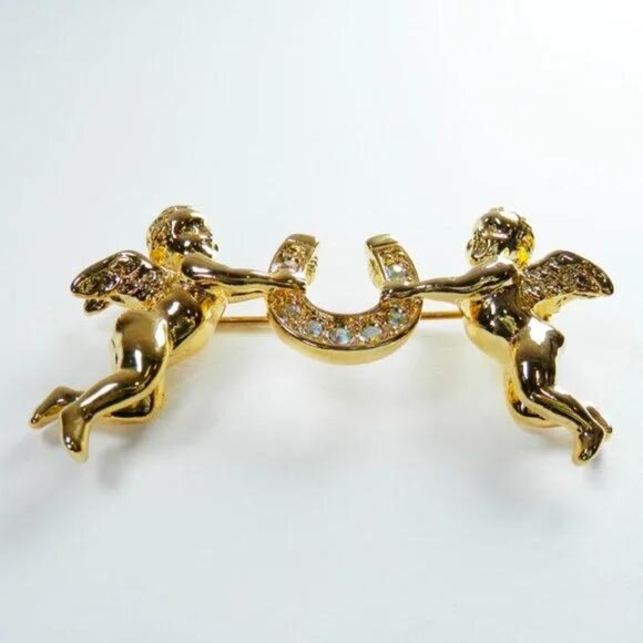 Kirks Folly Aurora Borealis Rhinestone Cherubs Lucky Horseshoe Gold Tone Pin 2" - Picture 2 of 7